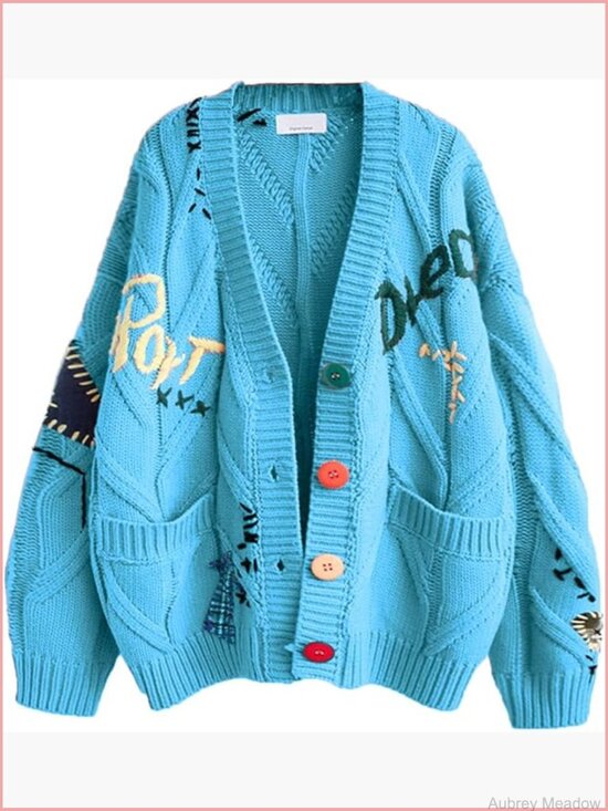 Sweaters - Women's Cable Knit Open Front Cardigan V-Neck Button Down Embroidered Sweater